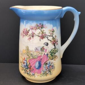 Vintage Falcon Ware English Pottery Pitcher/Jug Lady In Pink.
